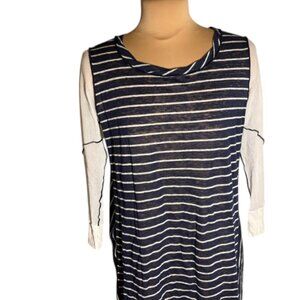 Pete Collection 100% Linen Navy and White Striped Top with mesh 3/4 sleeve Small